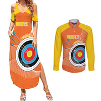 Personalised Bhutan Archery Couples Matching Summer Maxi Dress and Long Sleeve Button Shirt Board Style Flag Color - Wonder Print Shop