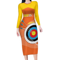 Personalised Bhutan Archery Long Sleeve Bodycon Dress Board Style Flag Color - Wonder Print Shop