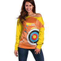 Personalised Bhutan Archery Off Shoulder Sweater Board Style Flag Color - Wonder Print Shop