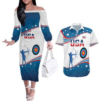 Personalized United States Archery Couples Matching Off The Shoulder Long Sleeve Dress and Hawaiian Shirt USA Sport Curve Style - Wonder Print Shop