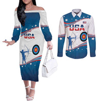 Personalized United States Archery Couples Matching Off The Shoulder Long Sleeve Dress and Long Sleeve Button Shirt USA Sport Curve Style - Wonder Print Shop