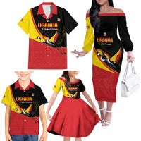 Custom Uganda Cricket Family Matching Off The Shoulder Long Sleeve Dress and Hawaiian Shirt Go Cranes African Pattern - Wonder Print Shop