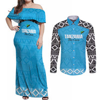 Custom Tanzania Cricket Couples Matching Off Shoulder Maxi Dress and Long Sleeve Button Shirt Go Cows Sporty African Pattern - Wonder Print Shop