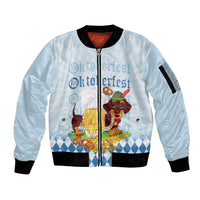Germany Oktoberfest Sleeve Zip Bomber Jacket Dachshund Beer and Bavarian Pretzel
