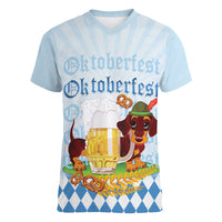 Germany Oktoberfest Women V-Neck T-Shirt Dachshund Beer and Bavarian Pretzel