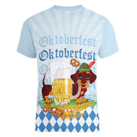Germany Oktoberfest Women V-Neck T-Shirt Dachshund Beer and Bavarian Pretzel