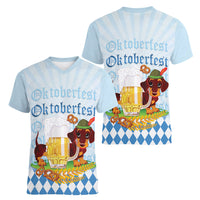 Germany Oktoberfest Women V-Neck T-Shirt Dachshund Beer and Bavarian Pretzel