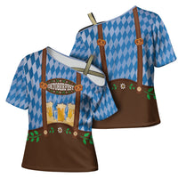 Lederhosen Oktoberfest Cross Shoulder Shirt Beers Bavarian Diamond Pattern