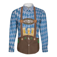 Lederhosen Oktoberfest Long Sleeve Button Shirt Beers Bavarian Diamond Pattern