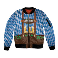 Lederhosen Oktoberfest Sleeve Zip Bomber Jacket Beers Bavarian Diamond Pattern