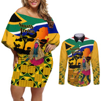 South Africa Heritage Day Couples Matching Off Shoulder Short Dress and Long Sleeve Button Shirts Traditional Dancer Kente Pattern With Flag Style - Wonder Print Shop