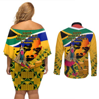 South Africa Heritage Day Couples Matching Off Shoulder Short Dress and Long Sleeve Button Shirts Traditional Dancer Kente Pattern With Flag Style - Wonder Print Shop