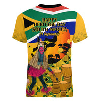 South Africa Heritage Day Women V Neck T Shirt Traditional Dancer Kente Pattern With Flag Style - Wonder Print Shop