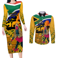 Personalised South Africa Heritage Day Couples Matching Long Sleeve Bodycon Dress and Long Sleeve Button Shirts Traditional Dancer Kente Pattern With Flag Style - Wonder Print Shop