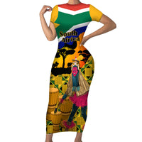 Personalised South Africa Heritage Day Short Sleeve Bodycon Dress Traditional Dancer Kente Pattern With Flag Style - Wonder Print Shop