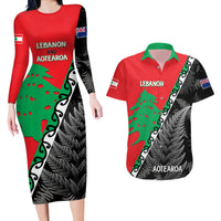 New Zealand And Lebanon Couples Matching Long Sleeve Bodycon Dress and Hawaiian Shirt Silver Fern Maori With Cedar Tree Together - Wonder Print Shop