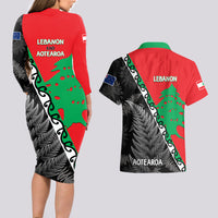 New Zealand And Lebanon Couples Matching Long Sleeve Bodycon Dress and Hawaiian Shirt Silver Fern Maori With Cedar Tree Together - Wonder Print Shop