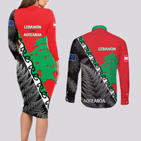 New Zealand And Lebanon Couples Matching Long Sleeve Bodycon Dress and Long Sleeve Button Shirts Silver Fern Maori With Cedar Tree Together - Wonder Print Shop