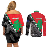 New Zealand And Lebanon Couples Matching Off Shoulder Short Dress and Long Sleeve Button Shirts Silver Fern Maori With Cedar Tree Together - Wonder Print Shop