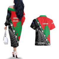 New Zealand And Lebanon Couples Matching Off The Shoulder Long Sleeve Dress and Hawaiian Shirt Silver Fern Maori With Cedar Tree Together - Wonder Print Shop