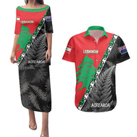 New Zealand And Lebanon Couples Matching Puletasi Dress and Hawaiian Shirt Silver Fern Maori With Cedar Tree Together - Wonder Print Shop