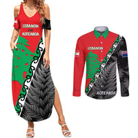 New Zealand And Lebanon Couples Matching Summer Maxi Dress and Long Sleeve Button Shirts Silver Fern Maori With Cedar Tree Together - Wonder Print Shop
