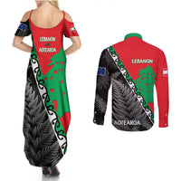 New Zealand And Lebanon Couples Matching Summer Maxi Dress and Long Sleeve Button Shirts Silver Fern Maori With Cedar Tree Together - Wonder Print Shop