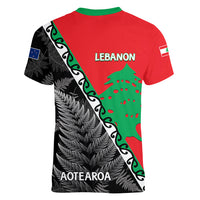 New Zealand And Lebanon Women V Neck T Shirt Silver Fern Maori With Cedar Tree Together - Wonder Print Shop