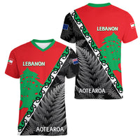 New Zealand And Lebanon Women V Neck T Shirt Silver Fern Maori With Cedar Tree Together - Wonder Print Shop