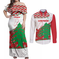 Personalised Lebanon Independence Day Couples Matching Off Shoulder Maxi Dress and Long Sleeve Button Shirt Lebanese Map With Cedrus - Wonder Print Shop