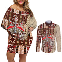 Samoa Tapau Couples Matching Off Shoulder Short Dress and Long Sleeve Button Shirt Samoan Siapo Pattern - Wonder Print Shop