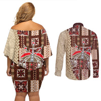 Samoa Tapau Couples Matching Off Shoulder Short Dress and Long Sleeve Button Shirt Samoan Siapo Pattern - Wonder Print Shop