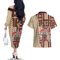Samoa Tapau Couples Matching Off The Shoulder Long Sleeve Dress and Hawaiian Shirt Samoan Siapo Pattern - Wonder Print Shop