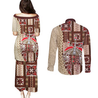 Samoa Tapau Couples Matching Puletasi Dress and Long Sleeve Button Shirt Samoan Siapo Pattern - Wonder Print Shop