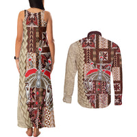 Samoa Tapau Couples Matching Tank Maxi Dress and Long Sleeve Button Shirt Samoan Siapo Pattern - Wonder Print Shop