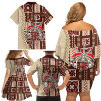 Samoa Tapau Family Matching Off Shoulder Short Dress and Hawaiian Shirt Samoan Siapo Pattern - Wonder Print Shop
