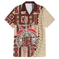 Brown Hawaiian shirt with dark red and cream geometric siapo-style print, short sleeves