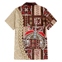 Brown Hawaiian shirt with dark red and cream siapo-style back panel print, short sleeves