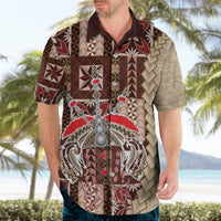 Brown short-sleeve Hawaiian shirt with dark red and cream button-front siapo-style print
