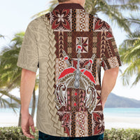 Brown short-sleeve Hawaiian shirt with dark red and cream siapo-style back print