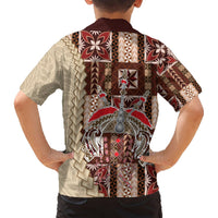 Kids brown Hawaiian shirt with dark red and cream siapo-style back print, short sleeves