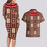 Samoa Siapo Couples Matching Long Sleeve Bodycon Dress and Hawaiian Shirt Tapa Pattern Mix Ula Fala Hibiscus - Wonder Print Shop