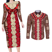 Samoa Siapo Couples Matching Long Sleeve Bodycon Dress and Long Sleeve Button Shirt Tapa Pattern Mix Ula Fala Hibiscus - Wonder Print Shop