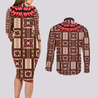 Samoa Siapo Couples Matching Long Sleeve Bodycon Dress and Long Sleeve Button Shirt Tapa Pattern Mix Ula Fala Hibiscus - Wonder Print Shop