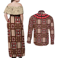 Samoa Siapo Couples Matching Off Shoulder Maxi Dress and Long Sleeve Button Shirt Tapa Pattern Mix Ula Fala Hibiscus - Wonder Print Shop