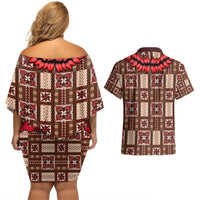 Samoa Siapo Couples Matching Off Shoulder Short Dress and Hawaiian Shirt Tapa Pattern Mix Ula Fala Hibiscus - Wonder Print Shop