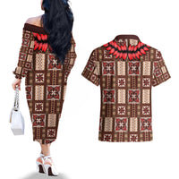 Samoa Siapo Couples Matching Off The Shoulder Long Sleeve Dress and Hawaiian Shirt Tapa Pattern Mix Ula Fala Hibiscus - Wonder Print Shop