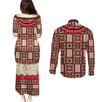 Samoa Siapo Couples Matching Puletasi Dress and Long Sleeve Button Shirt Tapa Pattern Mix Ula Fala Hibiscus - Wonder Print Shop
