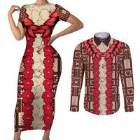 Samoa Siapo Couples Matching Short Sleeve Bodycon Dress and Long Sleeve Button Shirt Tapa Pattern Mix Ula Fala Hibiscus - Wonder Print Shop