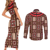 Samoa Siapo Couples Matching Short Sleeve Bodycon Dress and Long Sleeve Button Shirt Tapa Pattern Mix Ula Fala Hibiscus - Wonder Print Shop